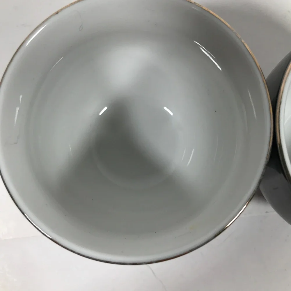 Vintage Japanese Black Ceramic Pheasant Tea Cup Set Floral Gold Trim 2pc
